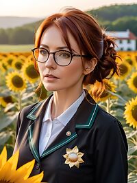 Woman in her 40s stands outside at dusk wearing a black school uniform and glasses